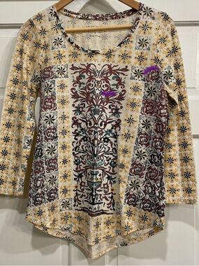 Lucky Brand Boho Tile Print Henley Top S Small Blue Mosaic Long Sleeve Knit Top